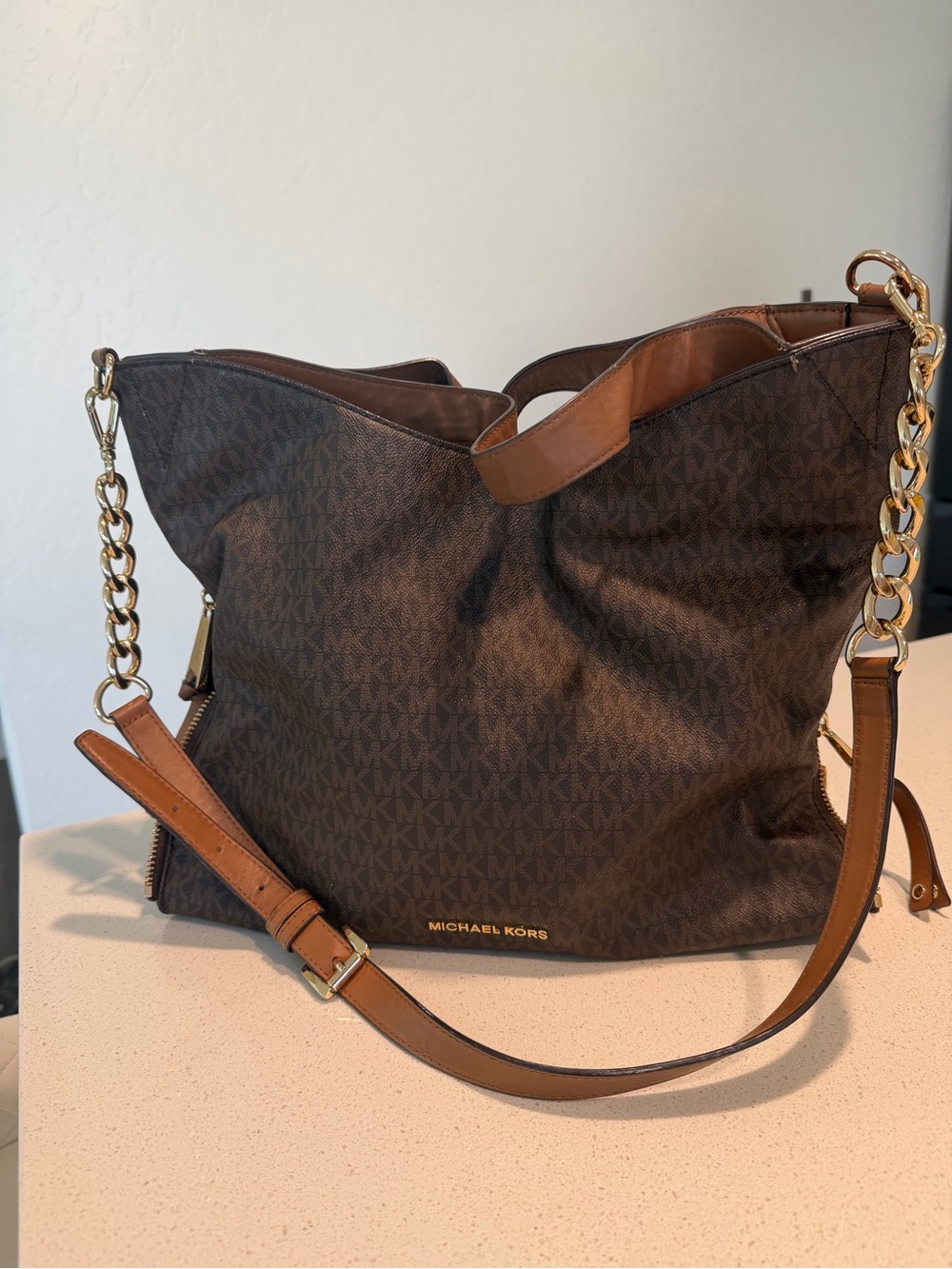 Michael Kors Brown MK Monogram Tote with Gold Chain Trim